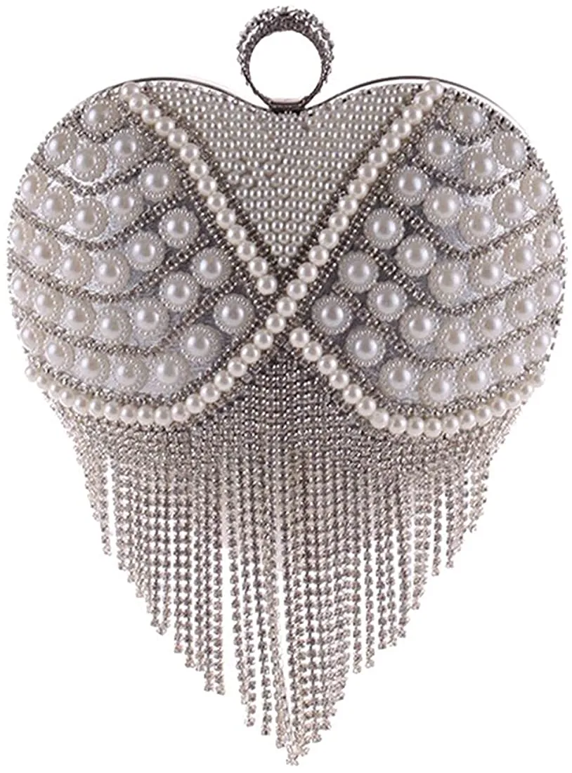 Luxury Silver 1 Heart Shape Tassel Rhinestones Party Clutch Bag/Purse/Handbag