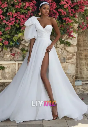 LW324 - A Line One Shoulder Pleats Elegant Wedding Dress with Slit