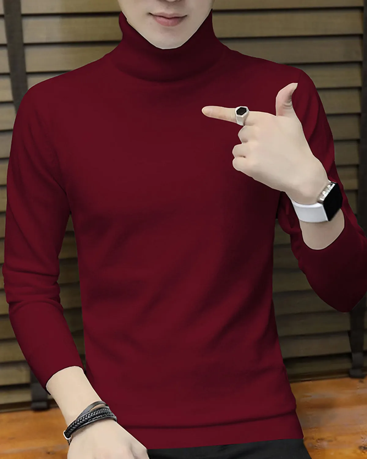 Men High Neck Maroon Full Sleeve Plain T-shirt