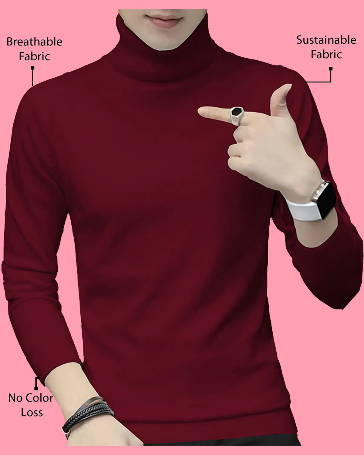 Men High Neck Maroon Full Sleeve Plain T-shirt