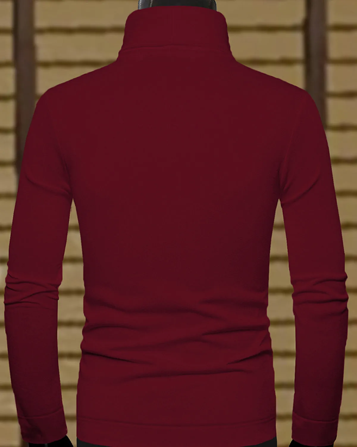 Men High Neck Maroon Full Sleeve Plain T-shirt