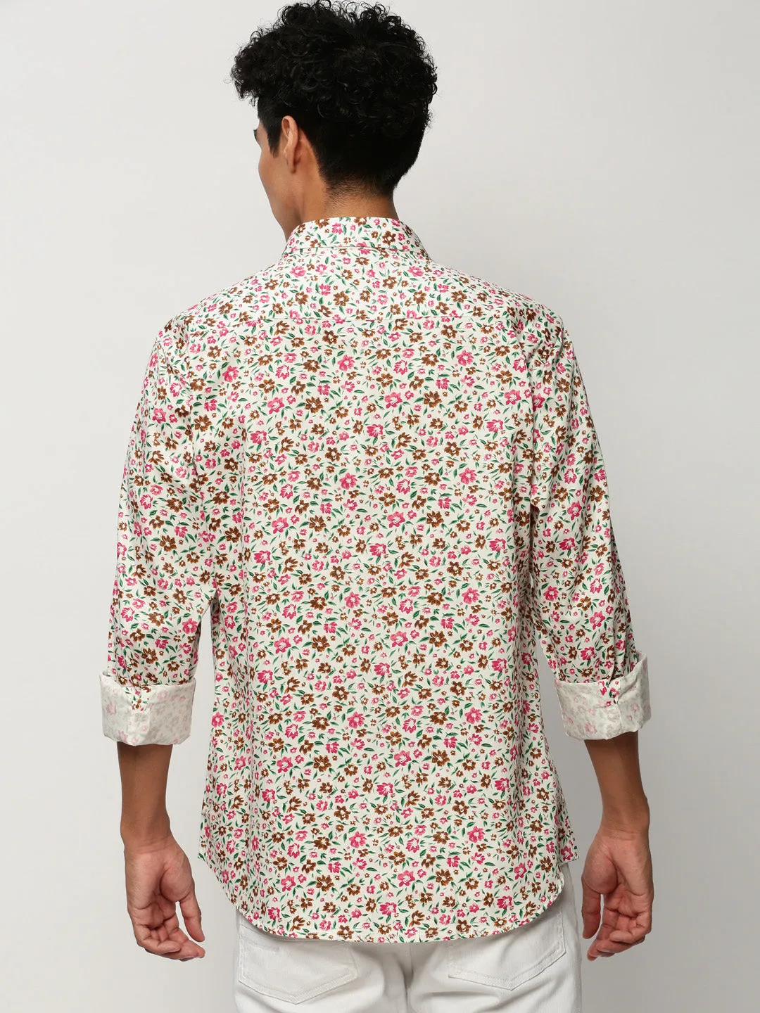 Men White Floral Casual Casual Shirts