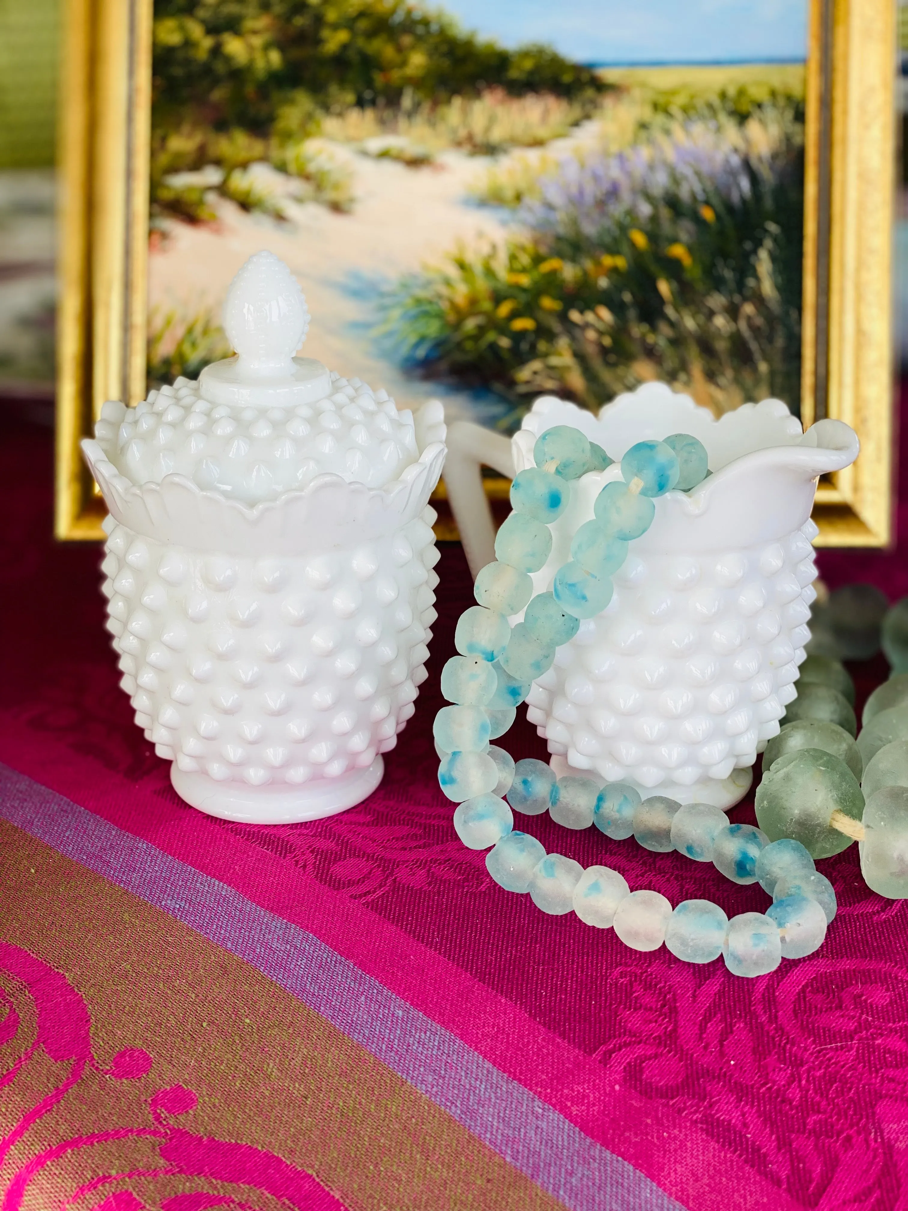 Milkglass Hobnail Sugar Bowl with Lid and Creamer, Vintage, 3 Piece Set
