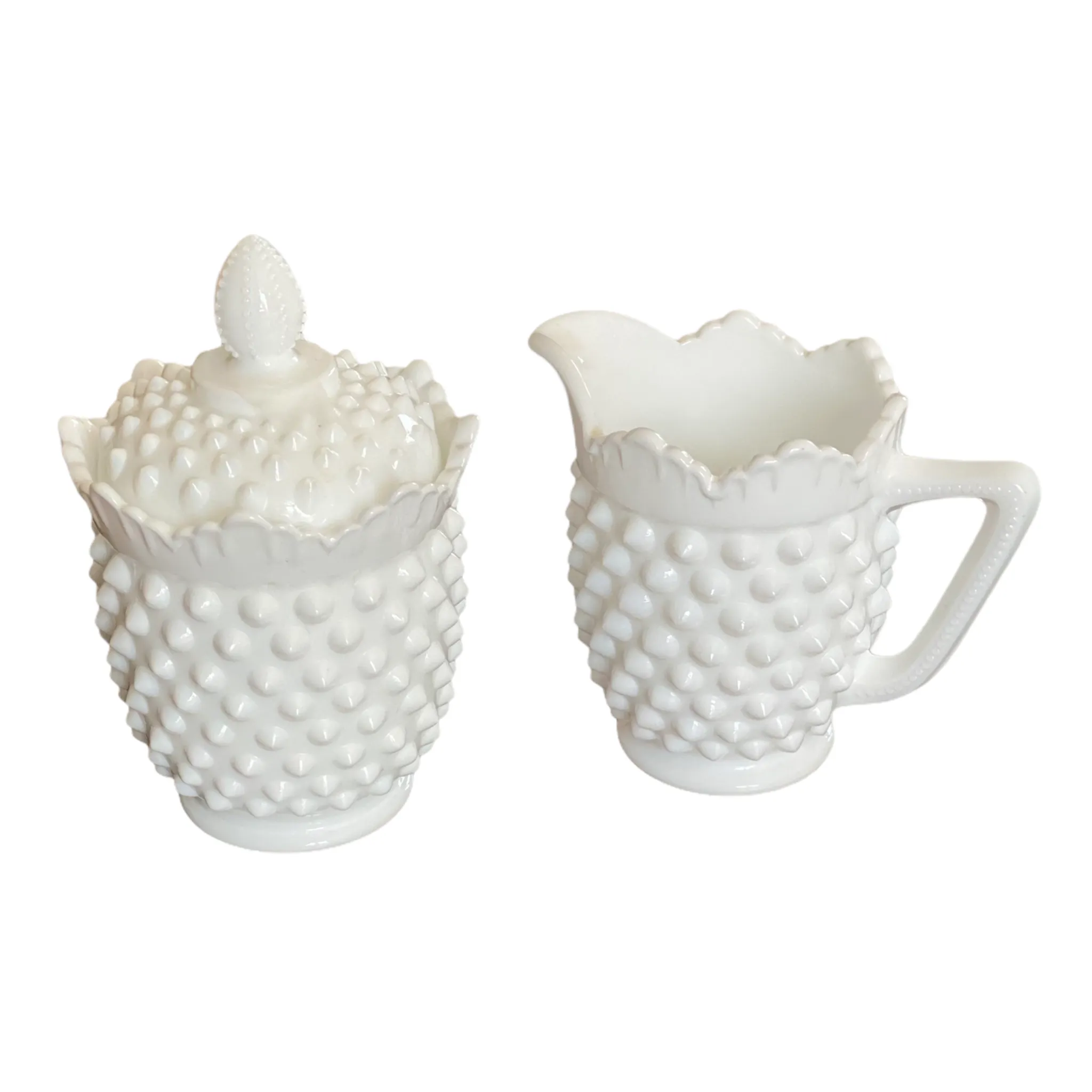 Milkglass Hobnail Sugar Bowl with Lid and Creamer, Vintage, 3 Piece Set