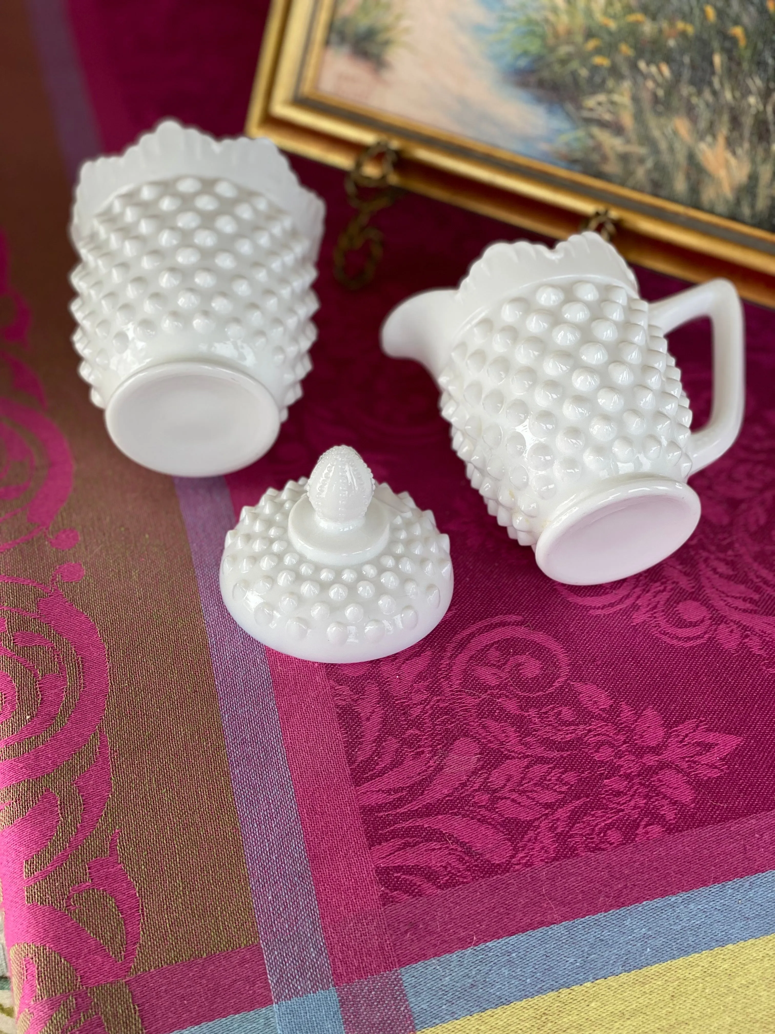 Milkglass Hobnail Sugar Bowl with Lid and Creamer, Vintage, 3 Piece Set