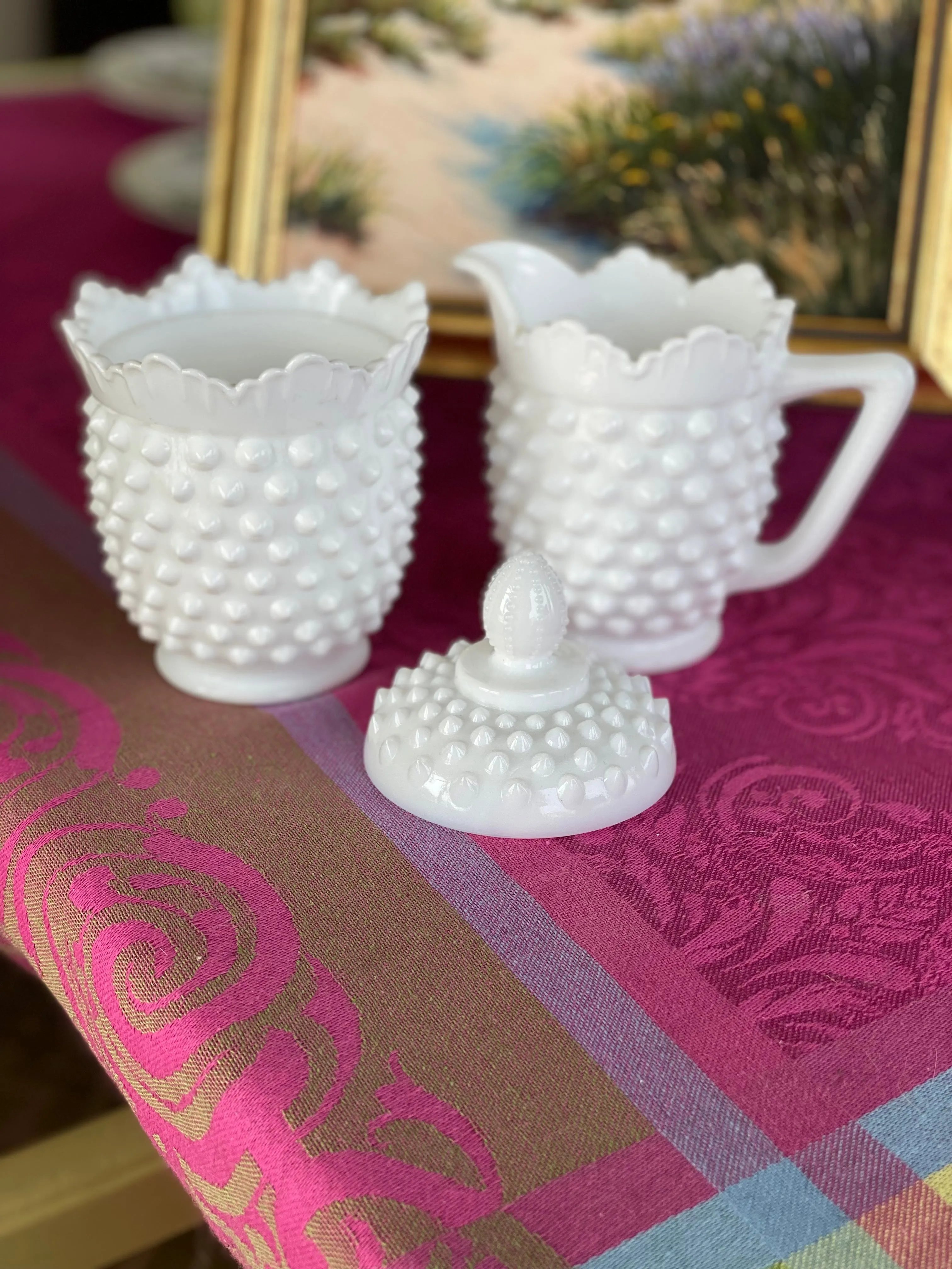 Milkglass Hobnail Sugar Bowl with Lid and Creamer, Vintage, 3 Piece Set