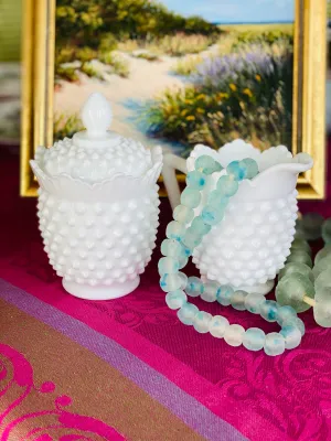 Milkglass Hobnail Sugar Bowl with Lid and Creamer, Vintage, 3 Piece Set