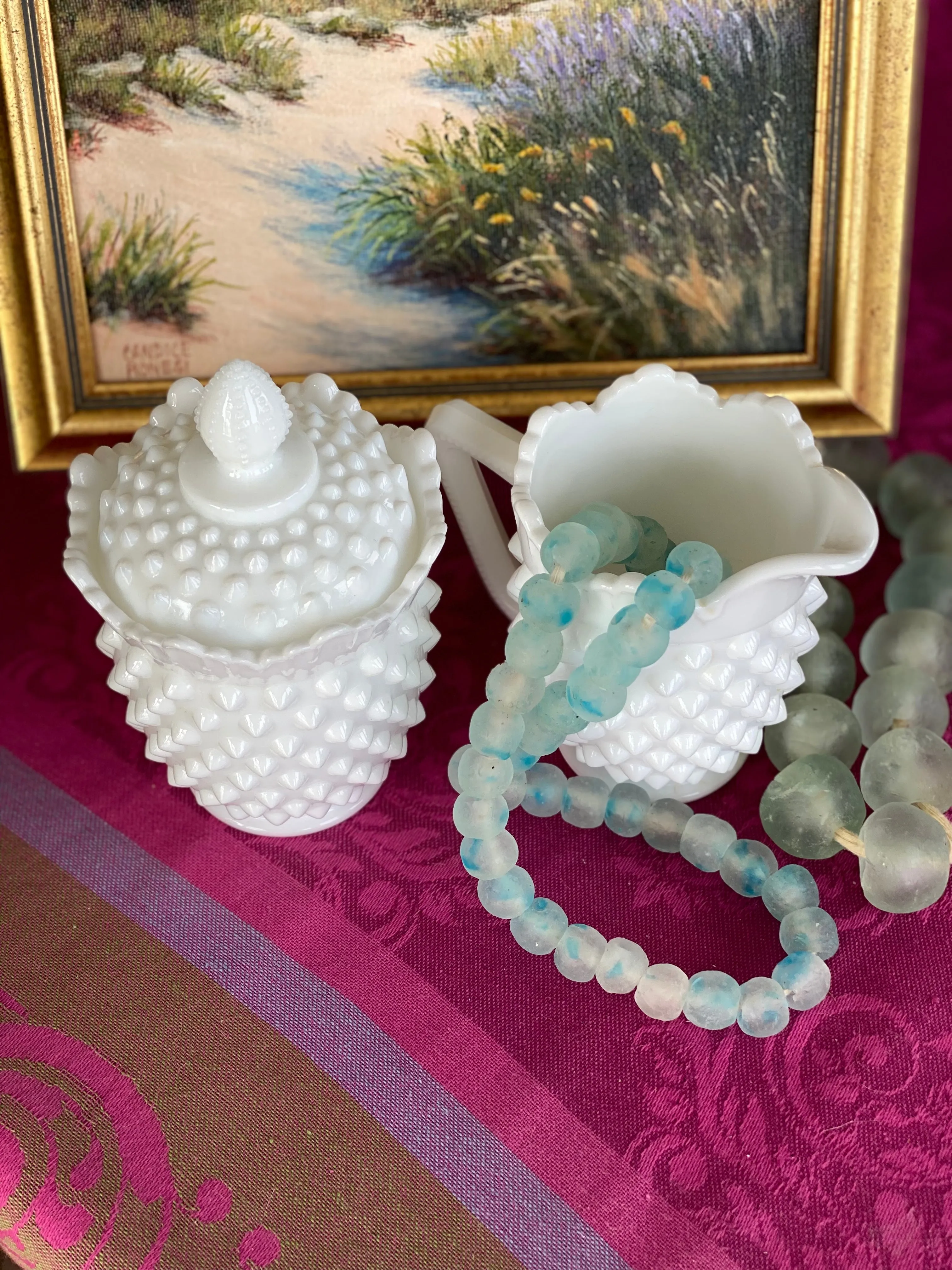 Milkglass Hobnail Sugar Bowl with Lid and Creamer, Vintage, 3 Piece Set