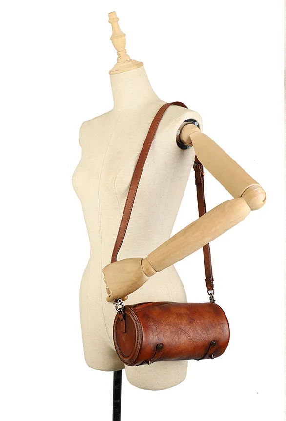 Mini Ladies Cowhide Leather Crossbody Bag Purse Cylindrical Side Bags For Women