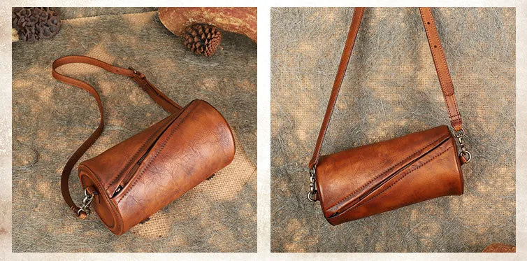 Mini Ladies Cowhide Leather Crossbody Bag Purse Cylindrical Side Bags For Women