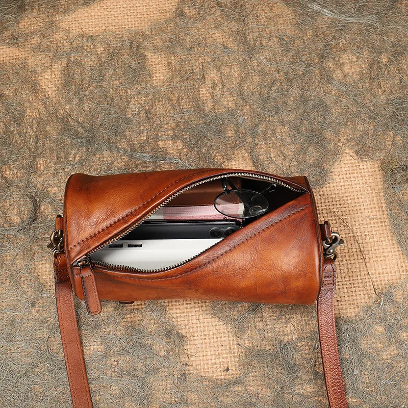 Mini Ladies Cowhide Leather Crossbody Bag Purse Cylindrical Side Bags For Women