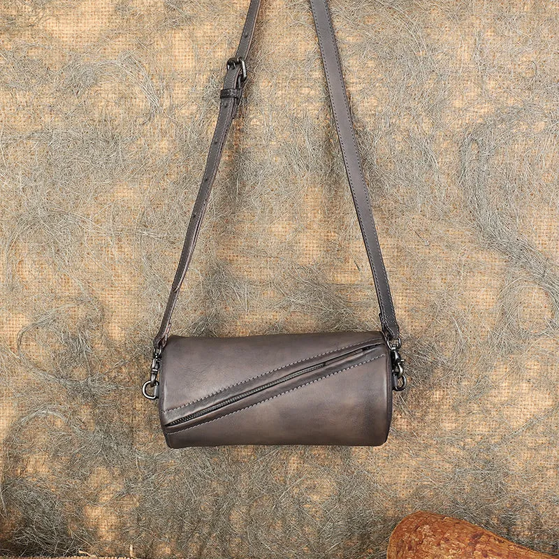 Mini Ladies Cowhide Leather Crossbody Bag Purse Cylindrical Side Bags For Women