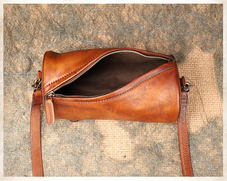 Mini Ladies Cowhide Leather Crossbody Bag Purse Cylindrical Side Bags For Women