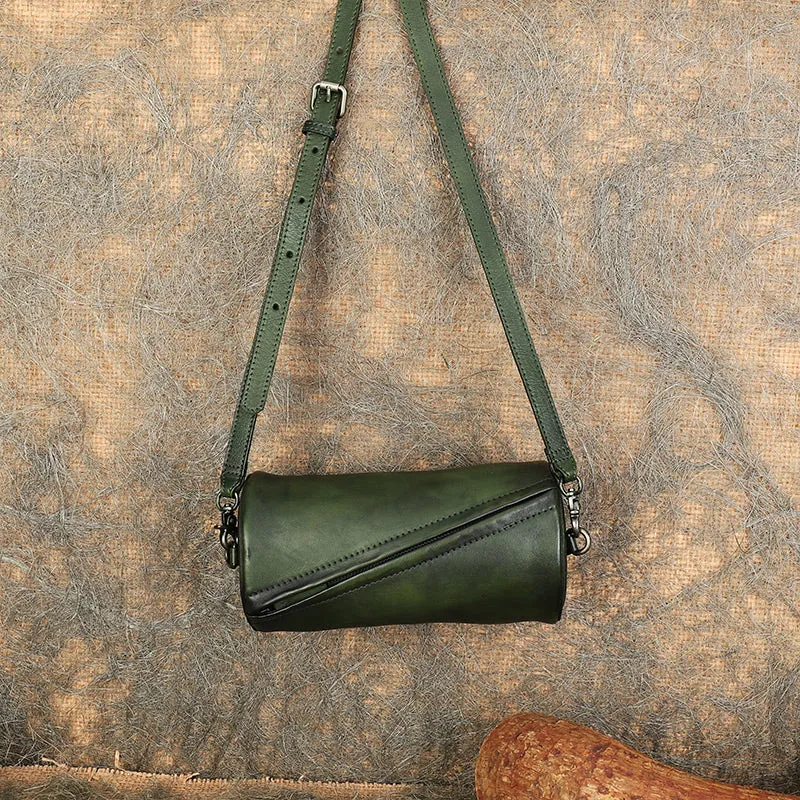 Mini Ladies Cowhide Leather Crossbody Bag Purse Cylindrical Side Bags For Women