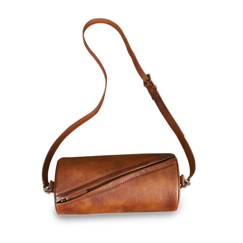 Mini Ladies Cowhide Leather Crossbody Bag Purse Cylindrical Side Bags For Women