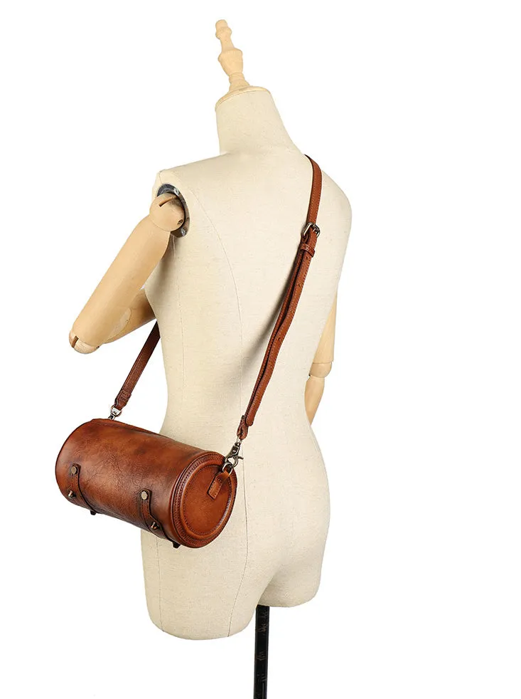 Mini Ladies Cowhide Leather Crossbody Bag Purse Cylindrical Side Bags For Women