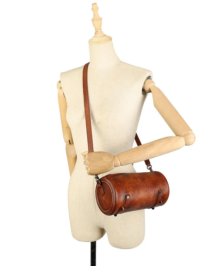 Mini Ladies Cowhide Leather Crossbody Bag Purse Cylindrical Side Bags For Women