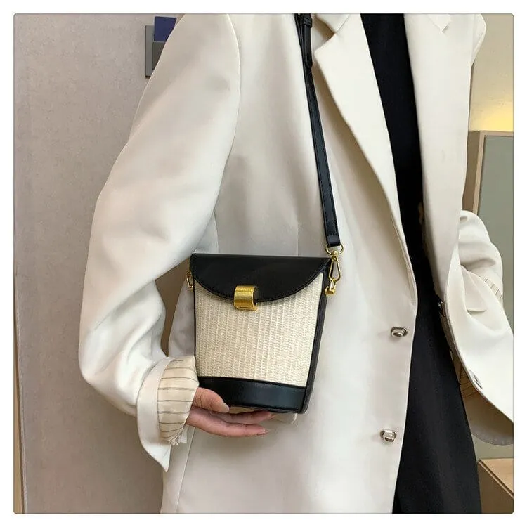 Mini Straw Leather Crossbody Bucket Bag Purse-Showtown