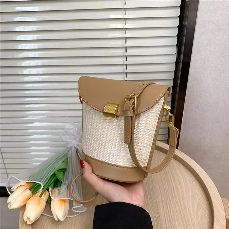 Mini Straw Leather Crossbody Bucket Bag Purse-Showtown