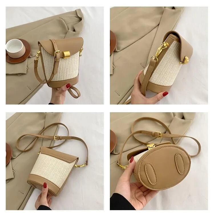 Mini Straw Leather Crossbody Bucket Bag Purse-Showtown