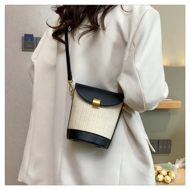 Mini Straw Leather Crossbody Bucket Bag Purse-Showtown