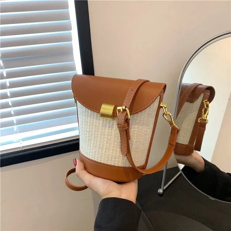 Mini Straw Leather Crossbody Bucket Bag Purse-Showtown
