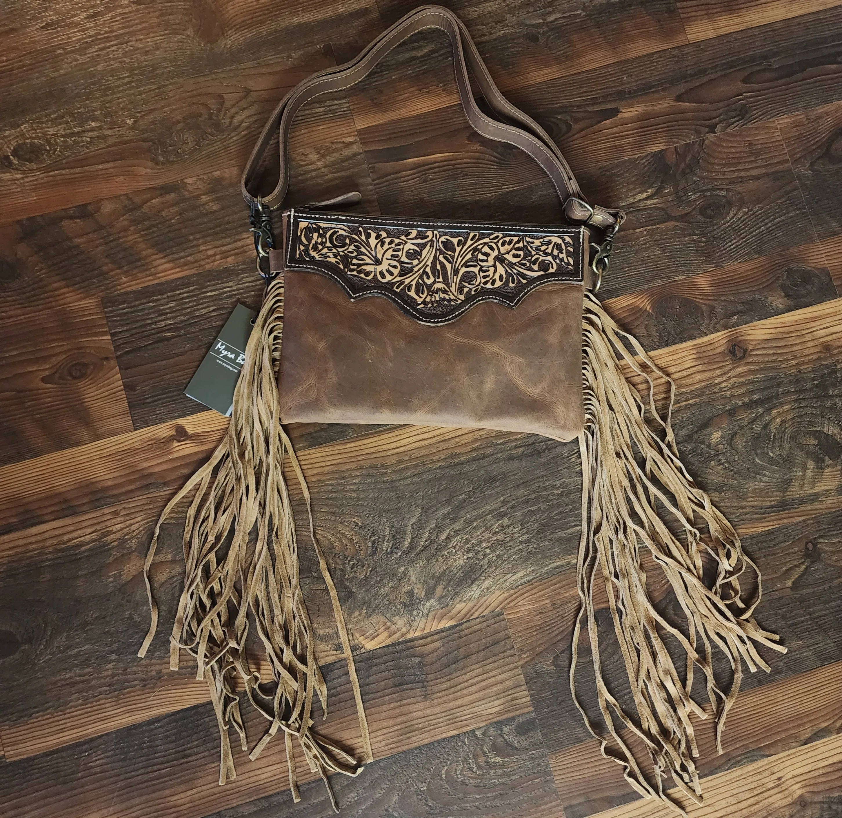 Mocha Dash Hand Tooled Leather Fringe Bag by Myra Bag