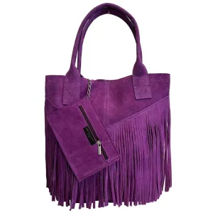 Moda Purple Women's Fringe Purse in genuine suede with fringe plus jewelry Bag