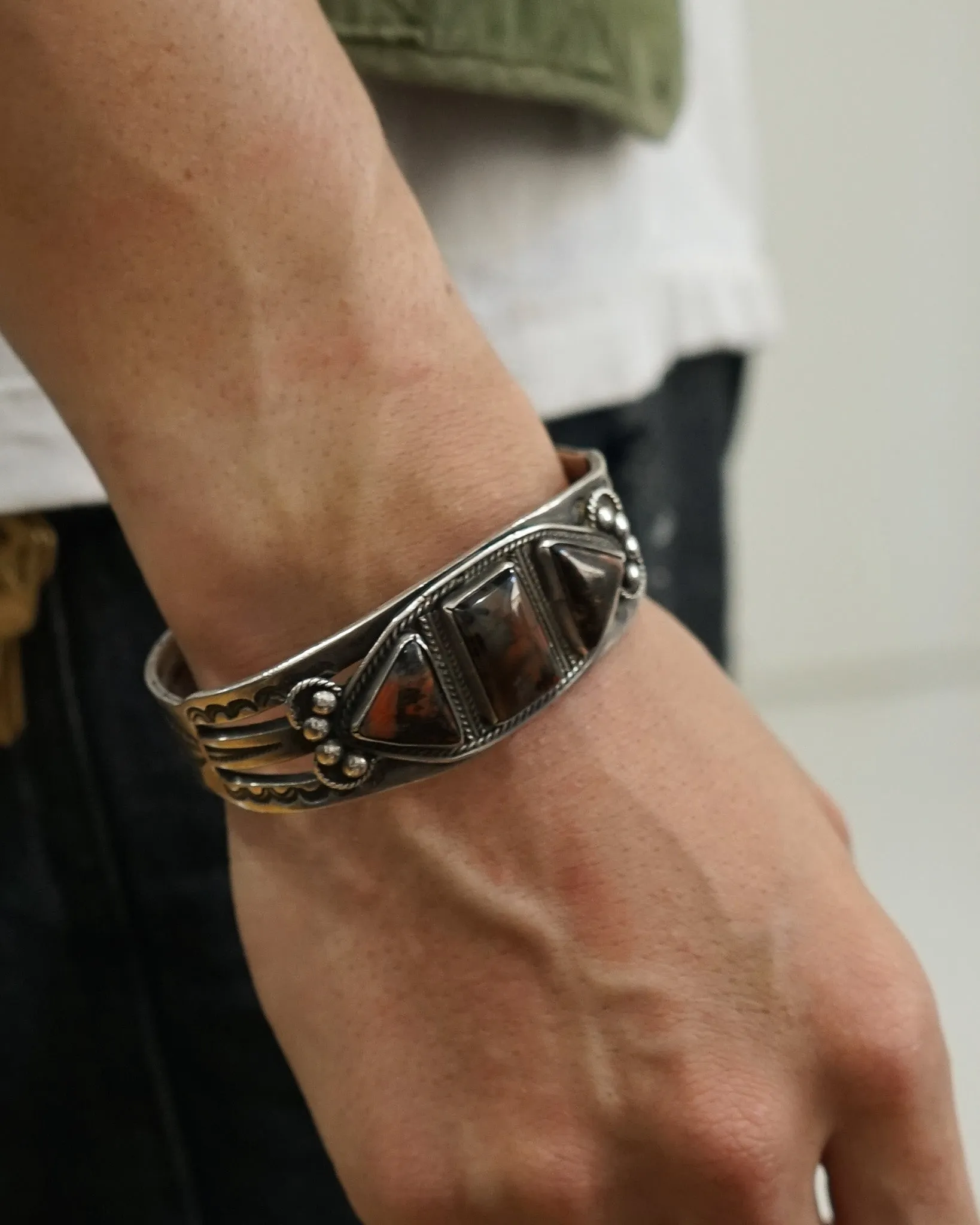Native American Silver Cuff Bracelet w/ Agate