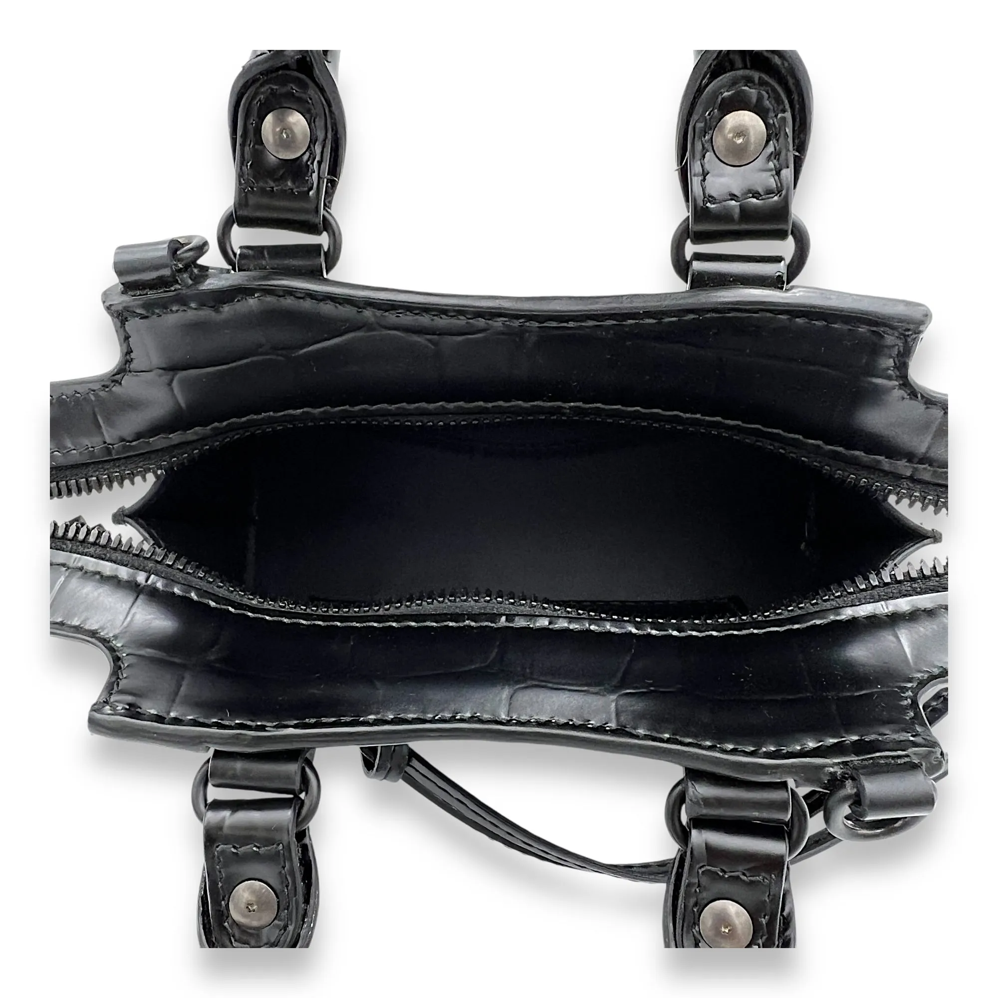 Neo Classic Top Handle Bag Mini Black in Crocodile Embossed Calfskin , Lacquered Metal Hardware