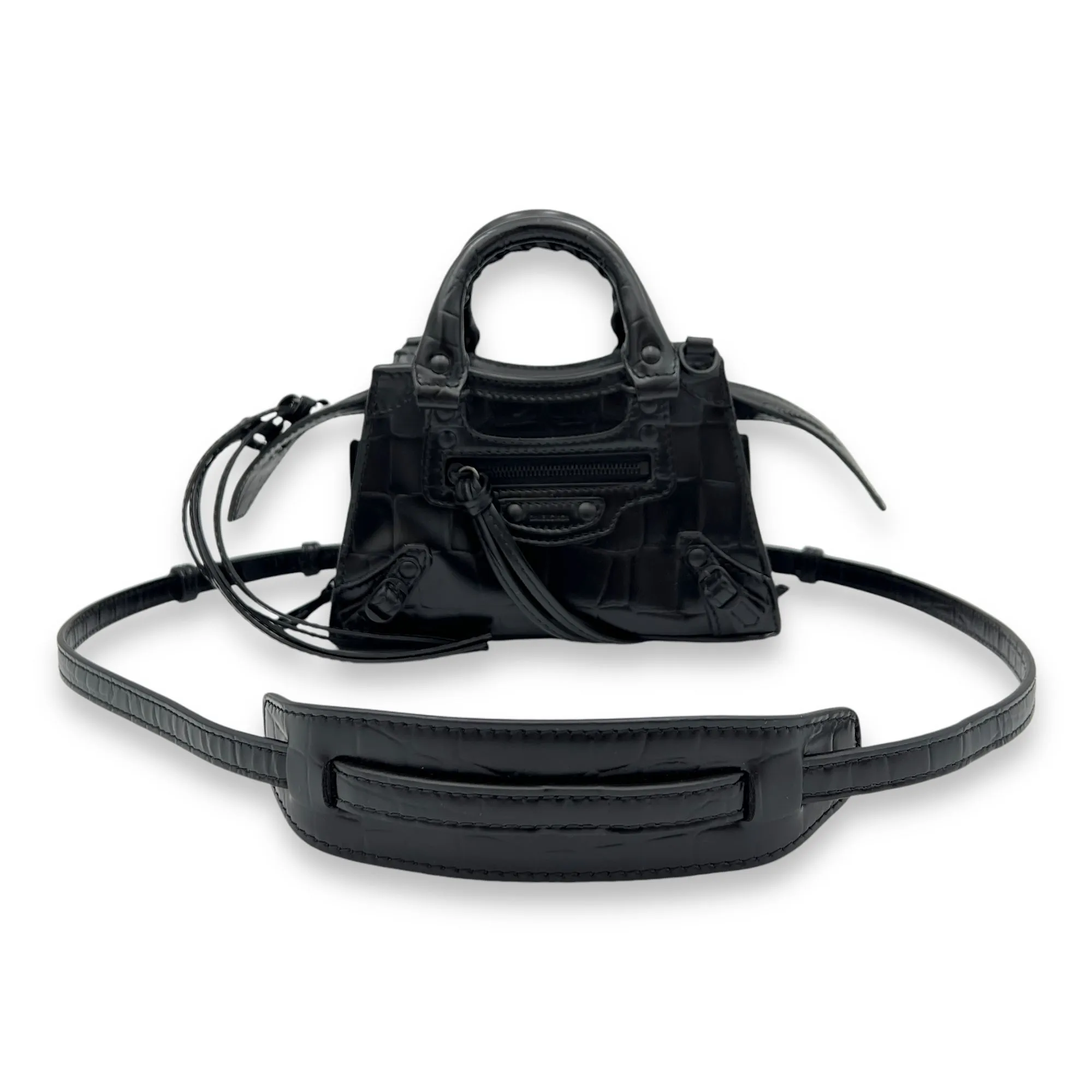 Neo Classic Top Handle Bag Mini Black in Crocodile Embossed Calfskin , Lacquered Metal Hardware