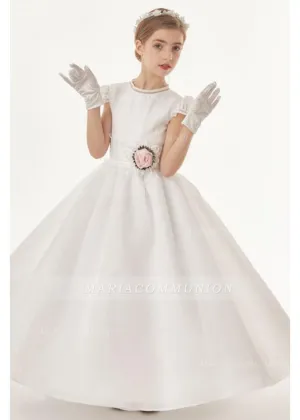Organza Ball Gown Cap Sleeves Bow(S) Floor Length Communion Dress