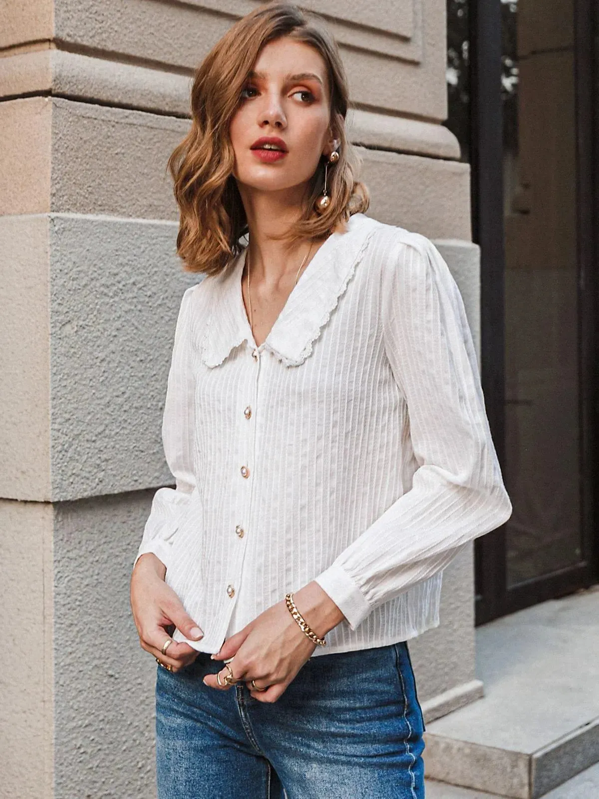 Peter Pan Collar Lace Trim Button Front Womens Shirt
