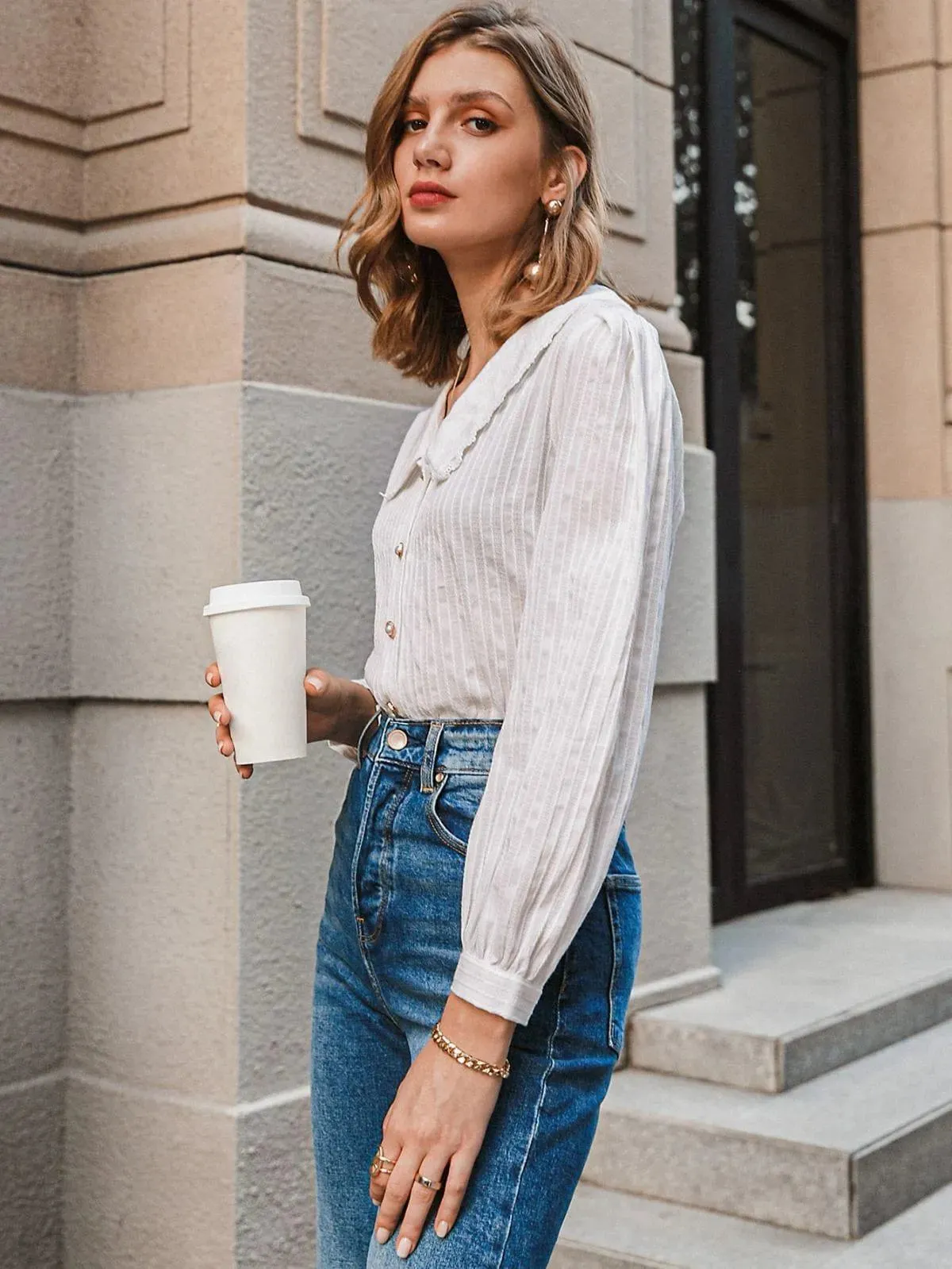 Peter Pan Collar Lace Trim Button Front Womens Shirt