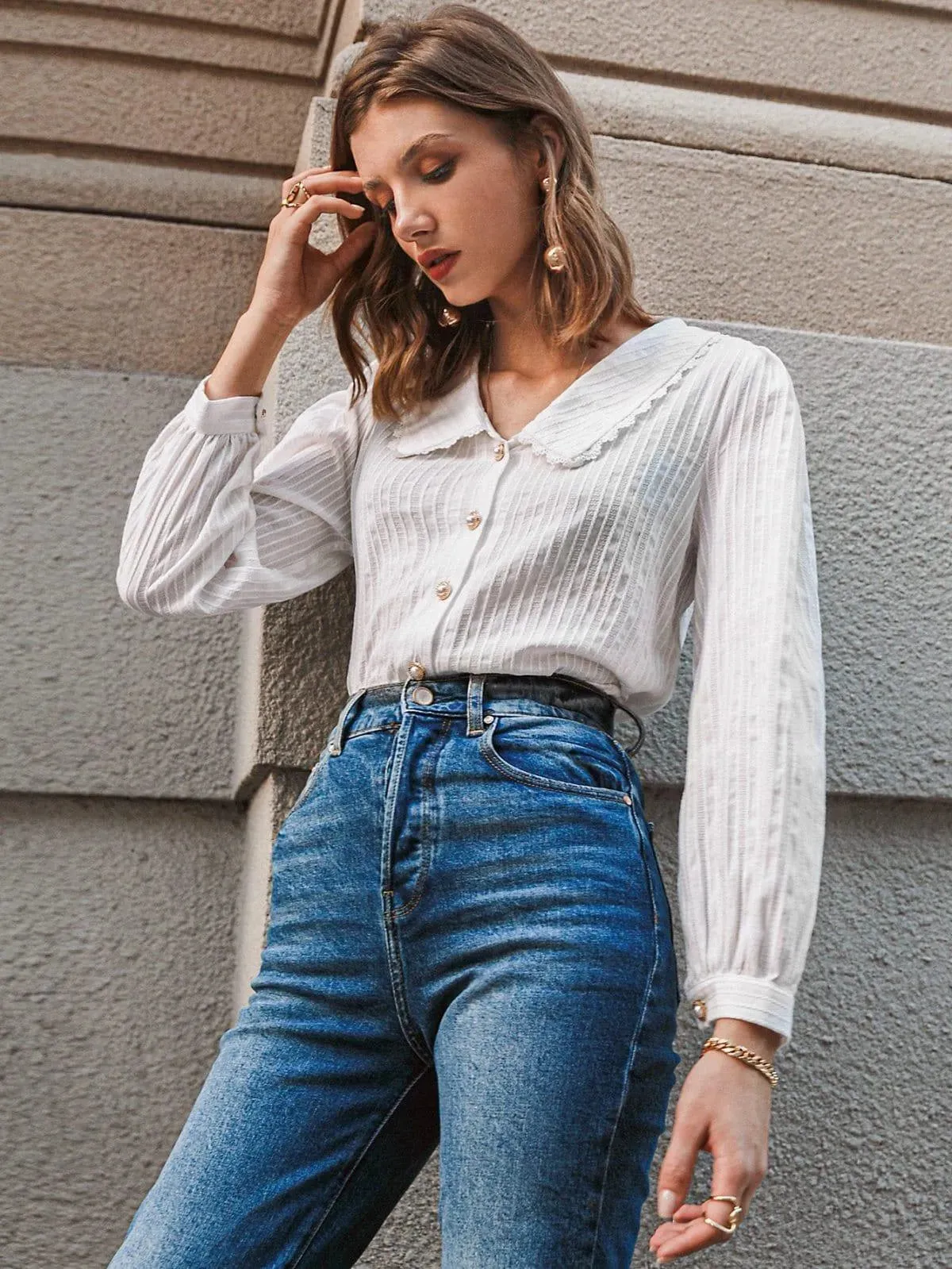 Peter Pan Collar Lace Trim Button Front Womens Shirt