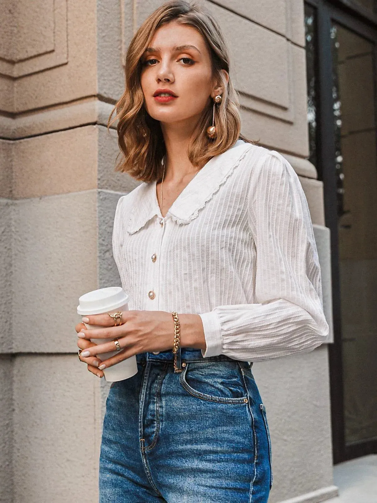 Peter Pan Collar Lace Trim Button Front Womens Shirt