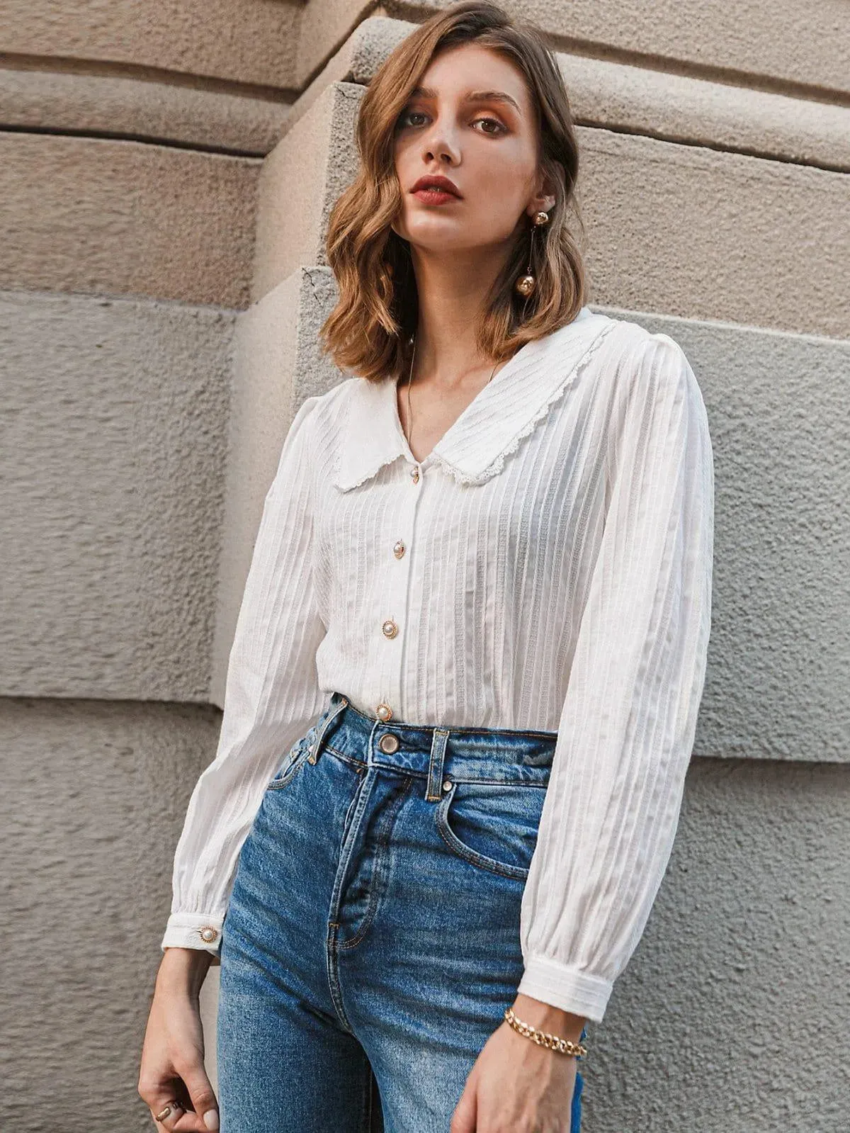 Peter Pan Collar Lace Trim Button Front Womens Shirt