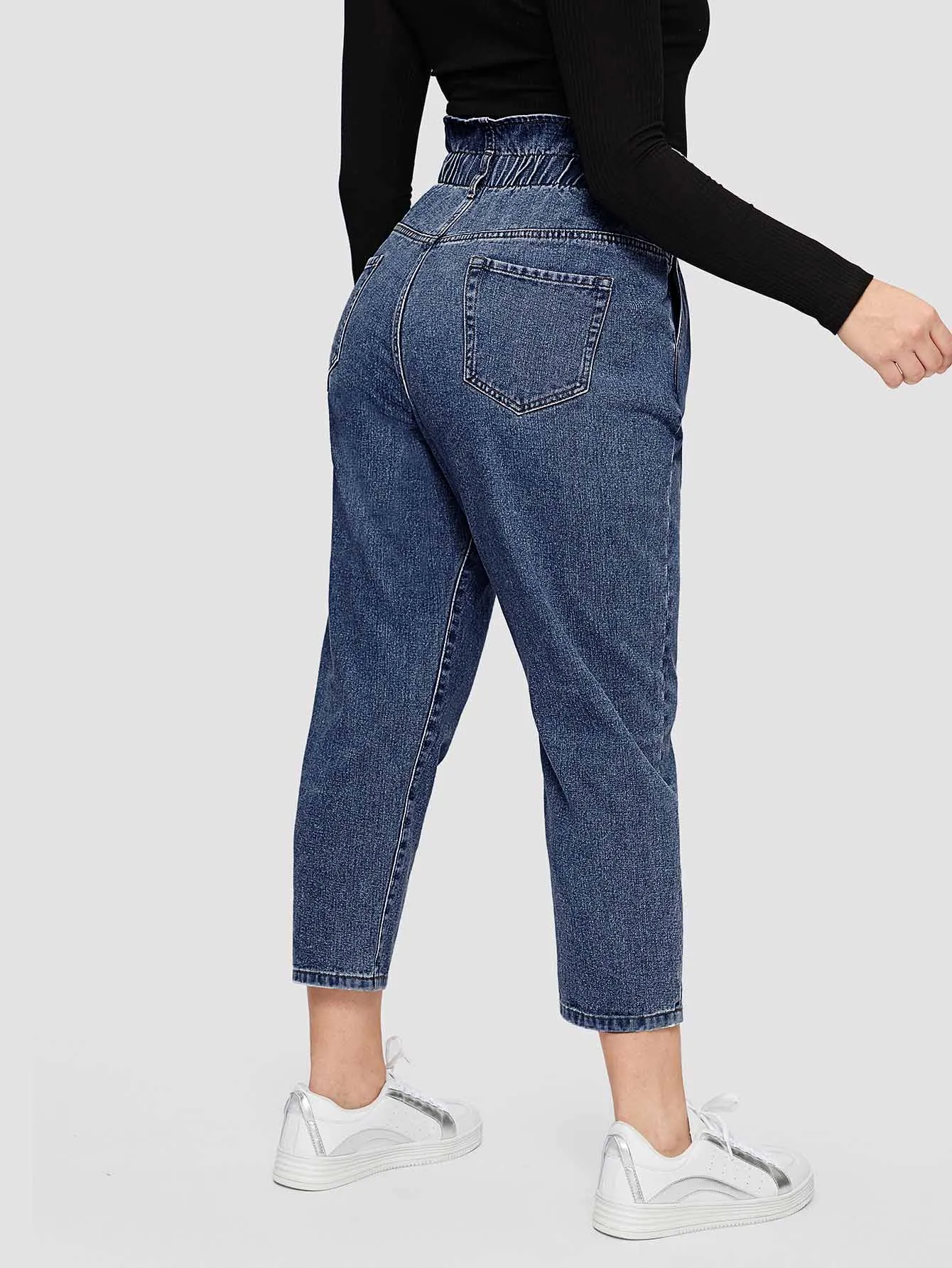 Plain Paper Bag Waist High Waist Cropped Plus Size Jeans