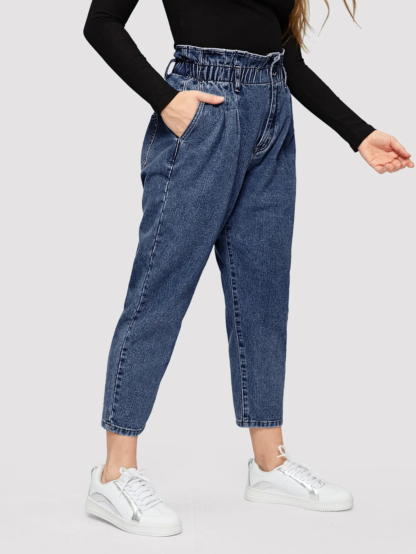 Plain Paper Bag Waist High Waist Cropped Plus Size Jeans