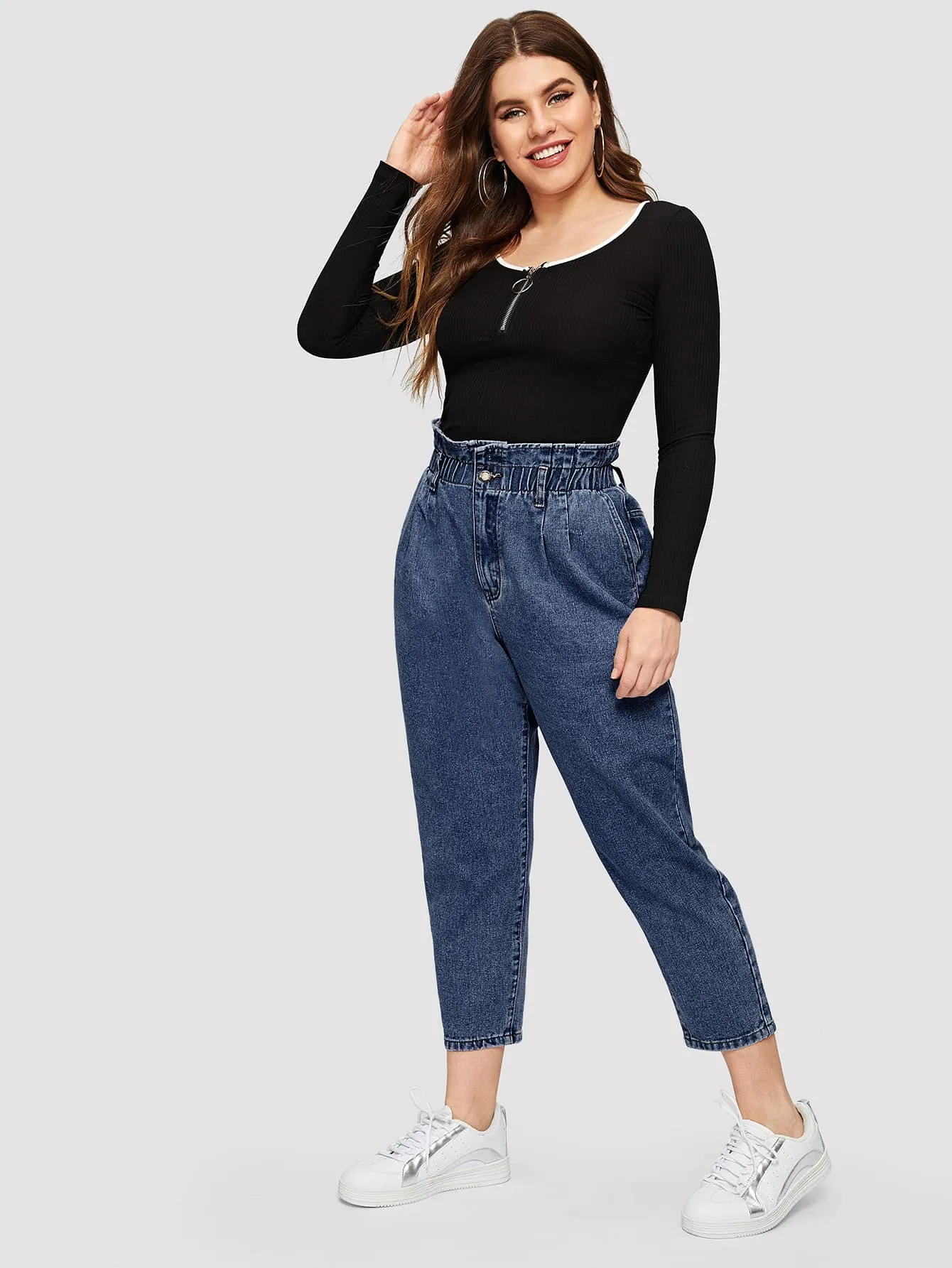 Plain Paper Bag Waist High Waist Cropped Plus Size Jeans