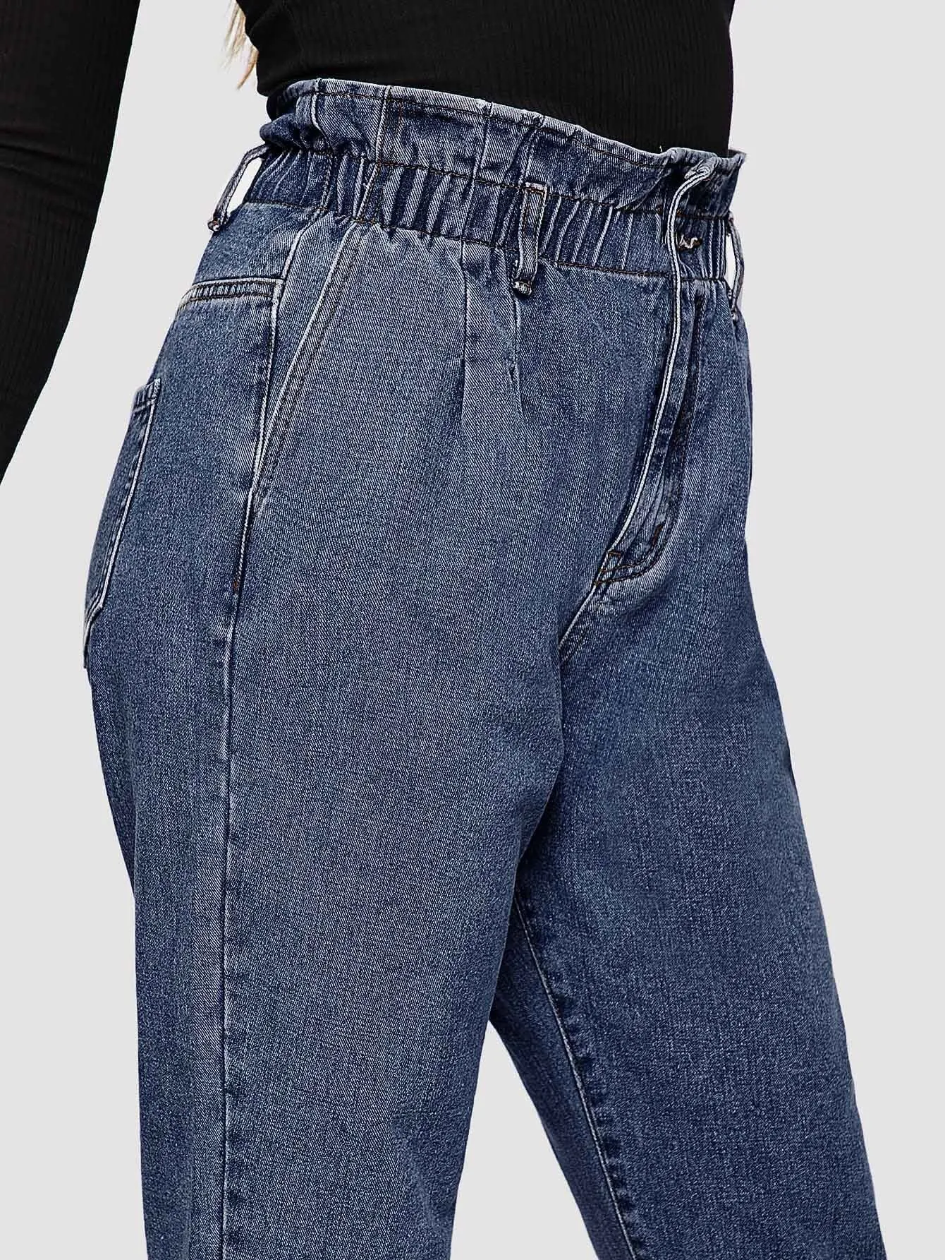 Plain Paper Bag Waist High Waist Cropped Plus Size Jeans