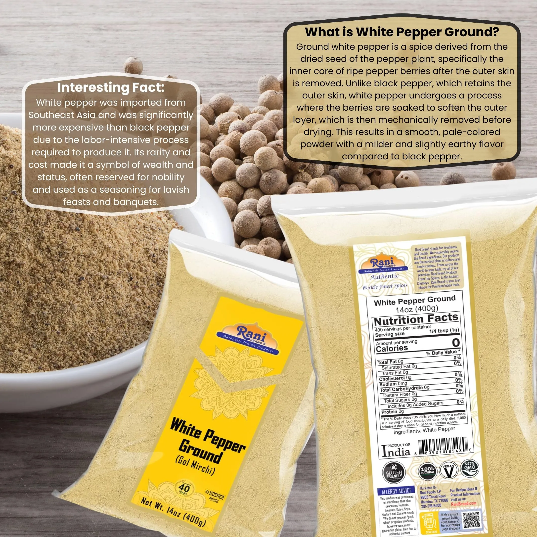 Rani White Pepper (Gol Mirch), Ground Spice 14oz (400g) ~ All Natural | Vegan | Gluten Friendly | NON-GMO | Kosher | Indian Origin