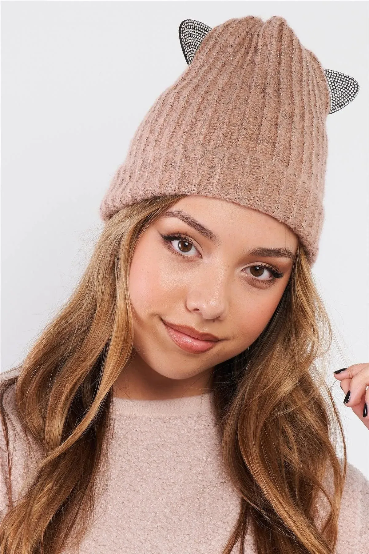 Rhinestone Cat Ears Woven Knit Beanie Pack of 3