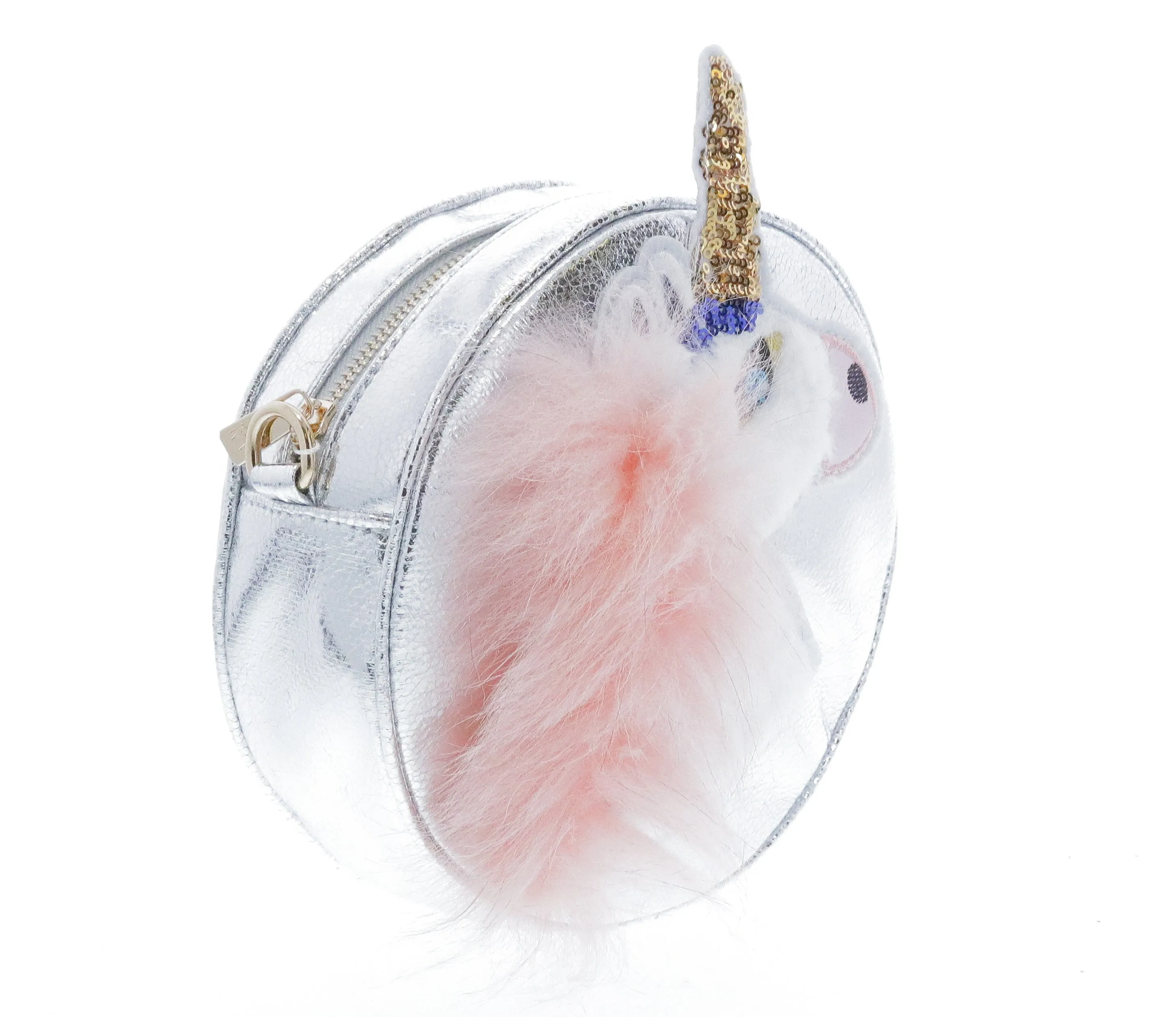 Round Shaped Unicorn Head w/ Fur Cross Body - Silver