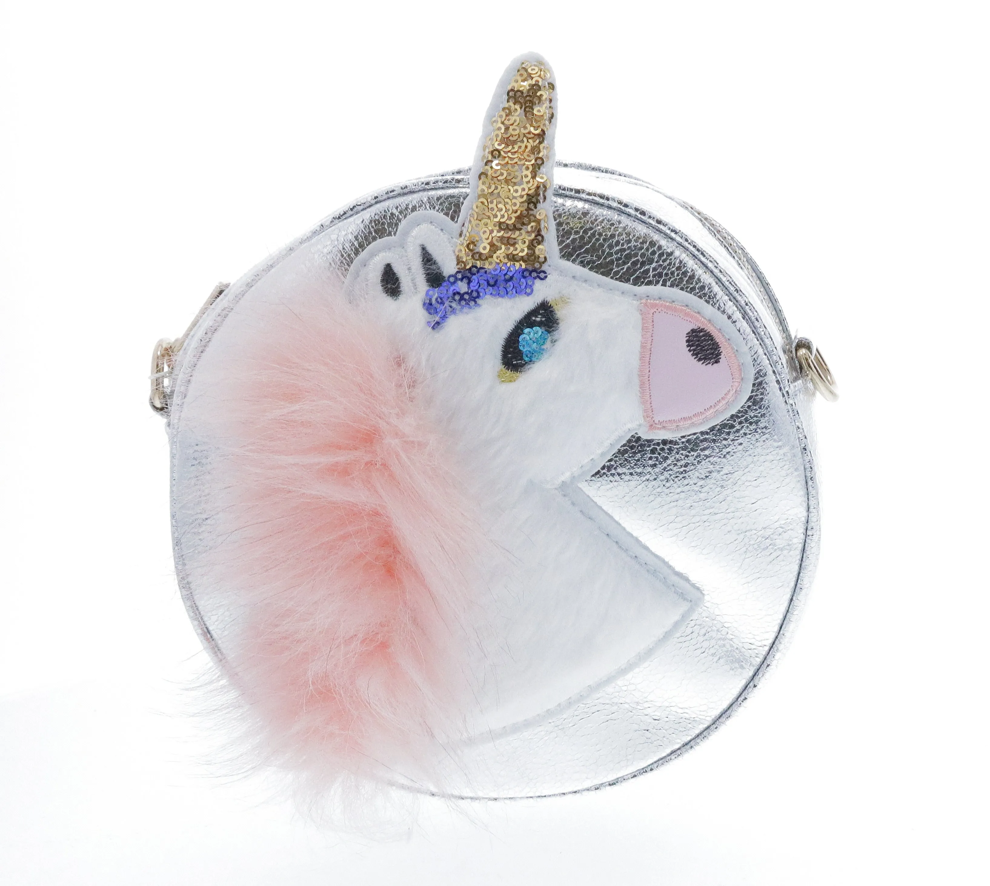 Round Shaped Unicorn Head w/ Fur Cross Body - Silver