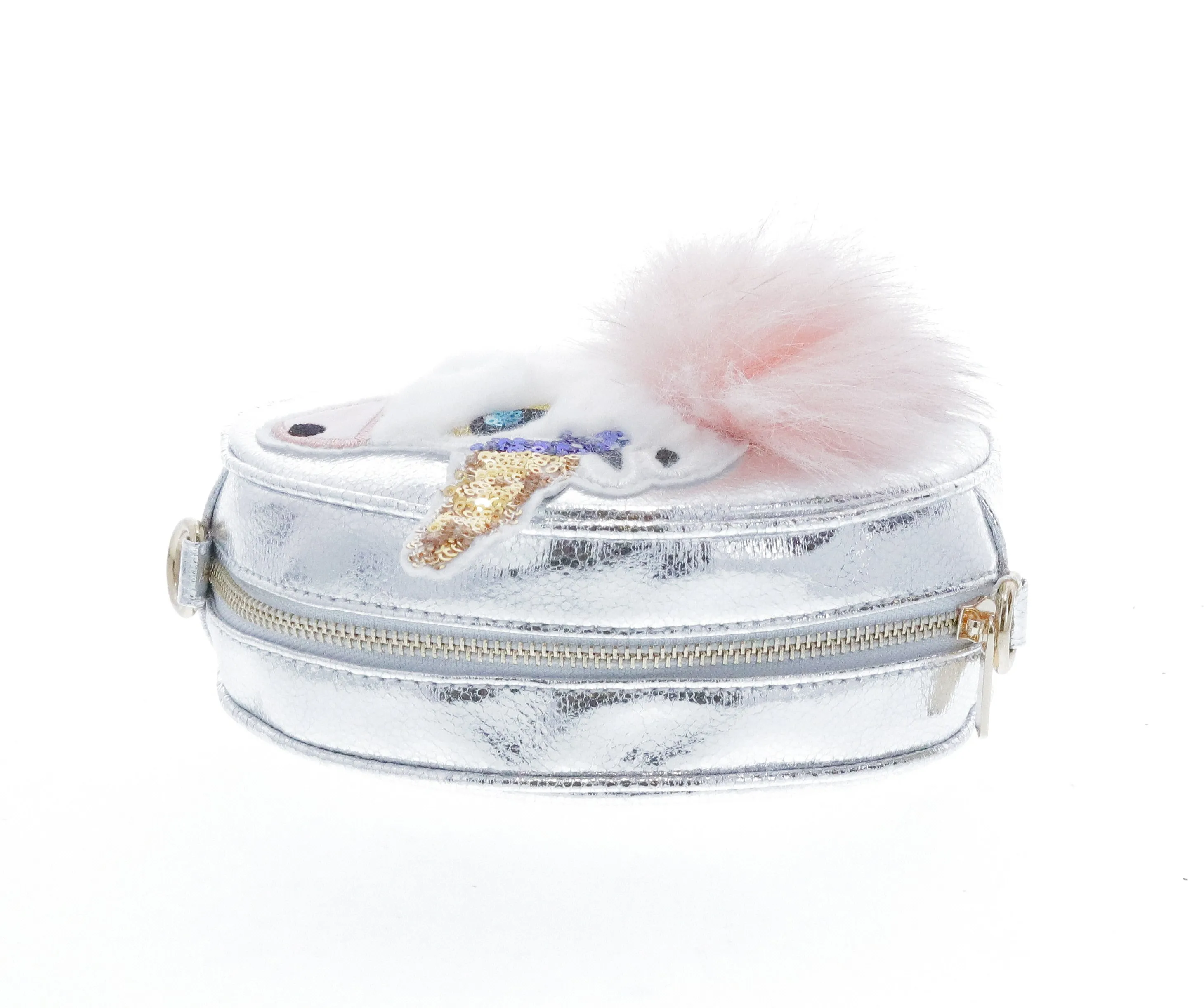 Round Shaped Unicorn Head w/ Fur Cross Body - Silver