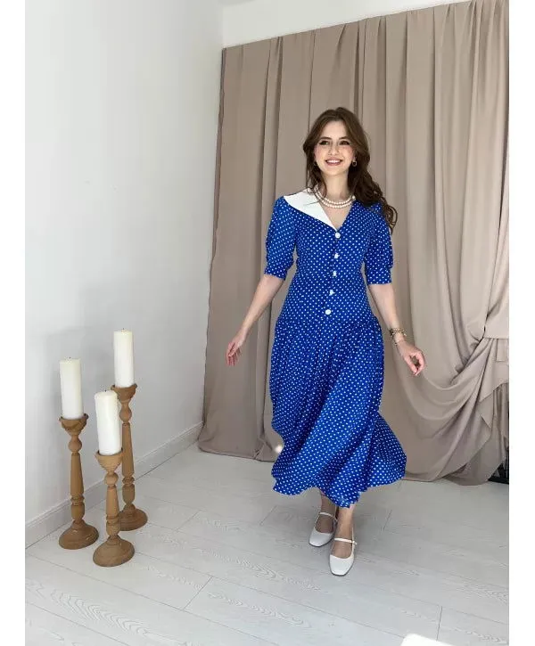 Saks Blue Polka Dot Collar Detailed Dress