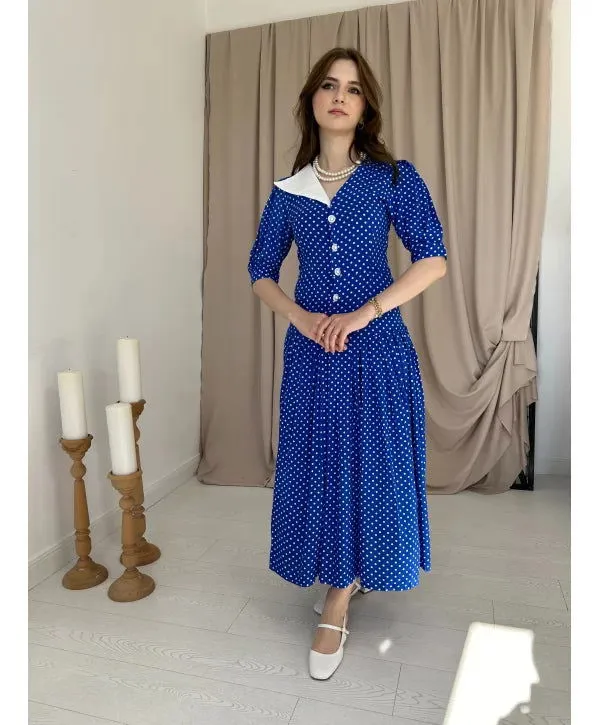 Saks Blue Polka Dot Collar Detailed Dress