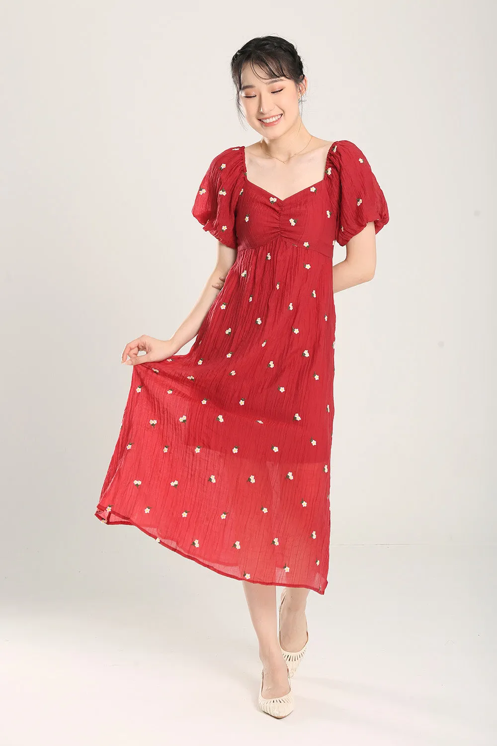 Sasha Floral Embroidered Dress in Red