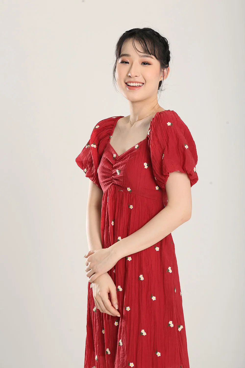 Sasha Floral Embroidered Dress in Red